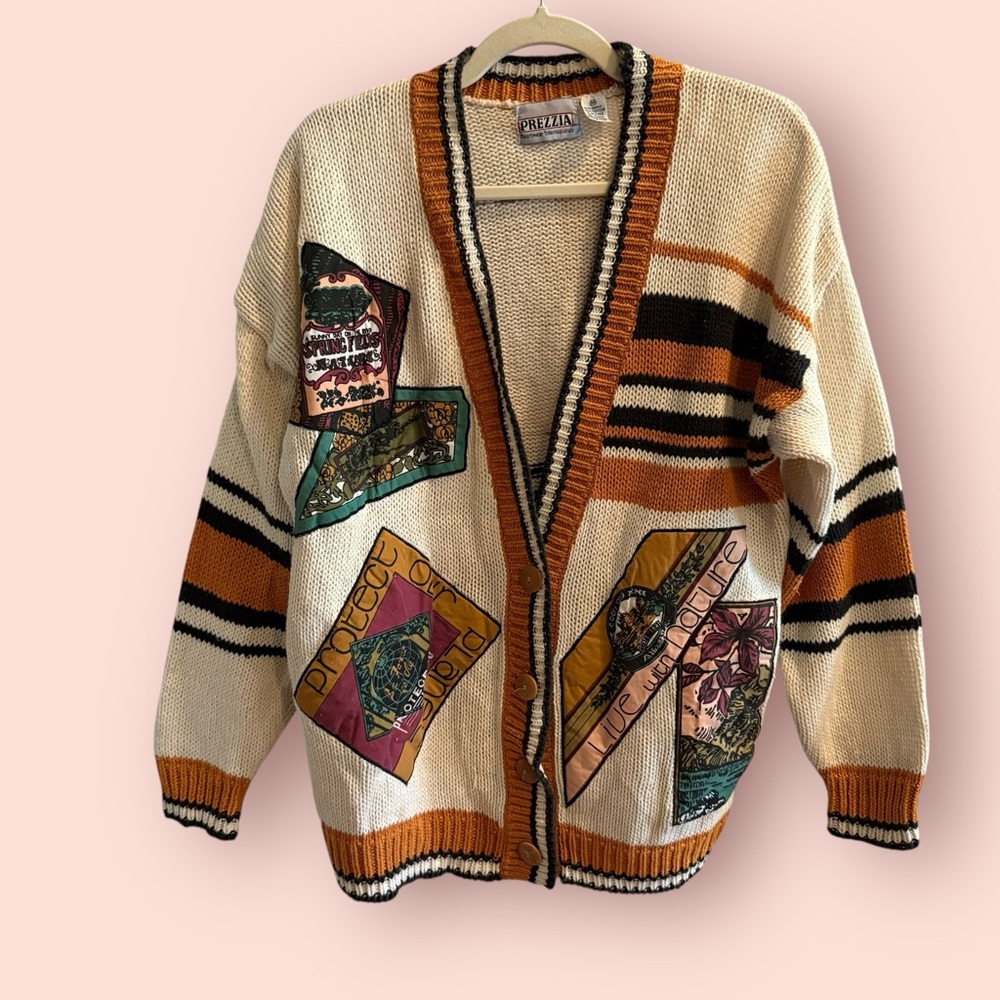 Vintage PREZZIA Graphic Patchwork Cardigan Ramie Cotton Knit Statement